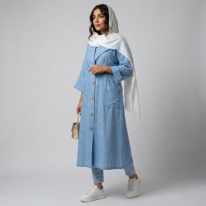 مانتو زنانه بلند آستین سه‌ربع جلو بسته مدل لینن